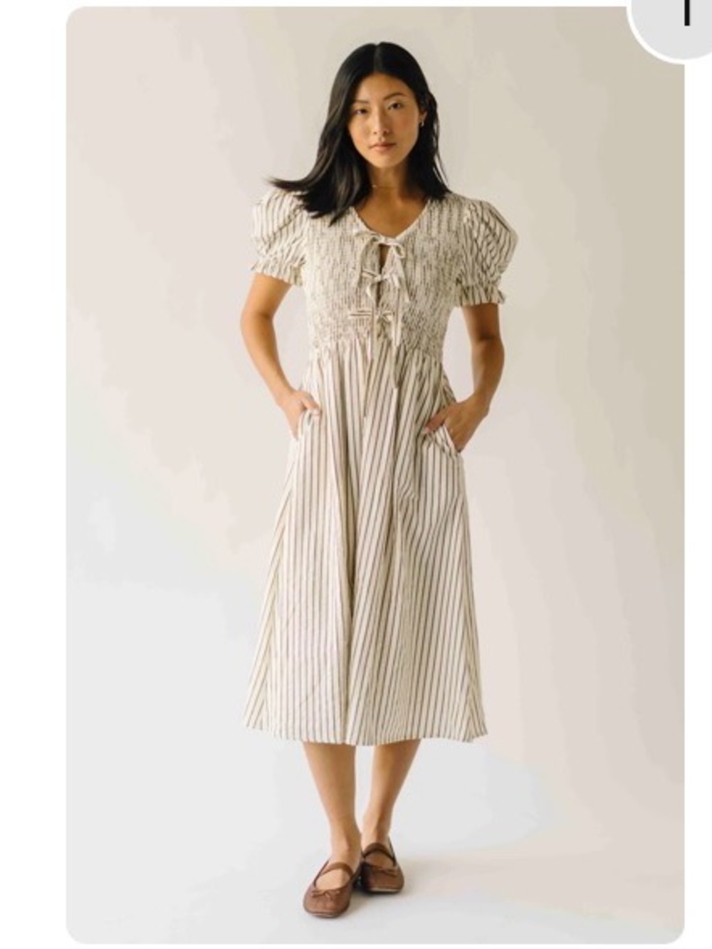 Striped Puff-Sleeve Midi Dress